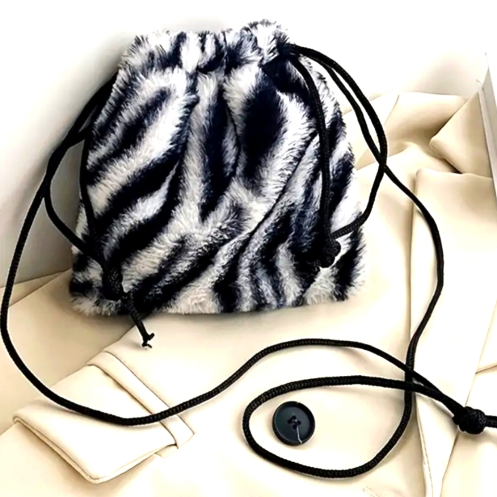 Girls Purse, Fuzzy Crossbody, Zebra Print Drawstring